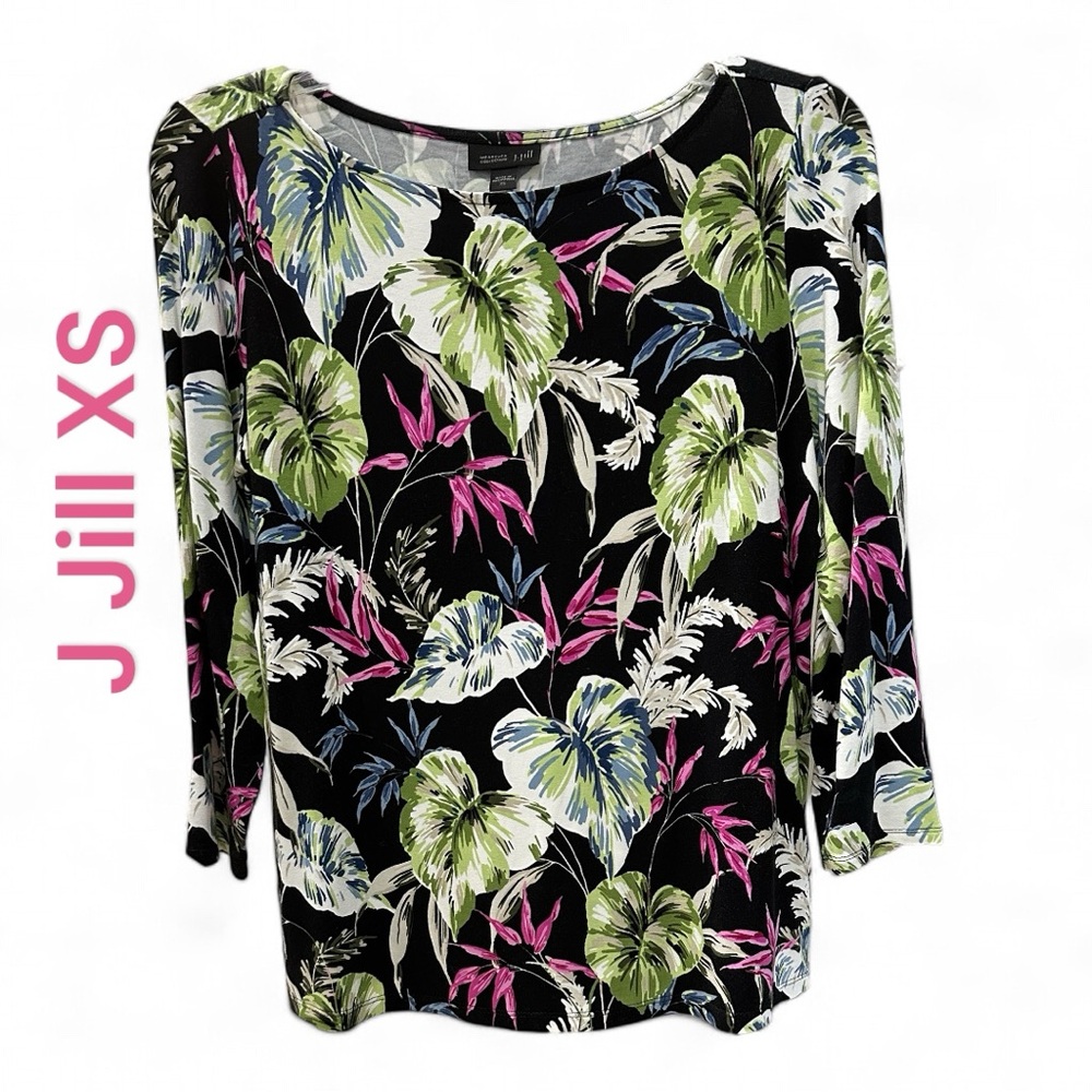 J Jill Wearever Bright Tropical Floral Leaf Print ¾ Sleeve XS Top Blouse NWOT